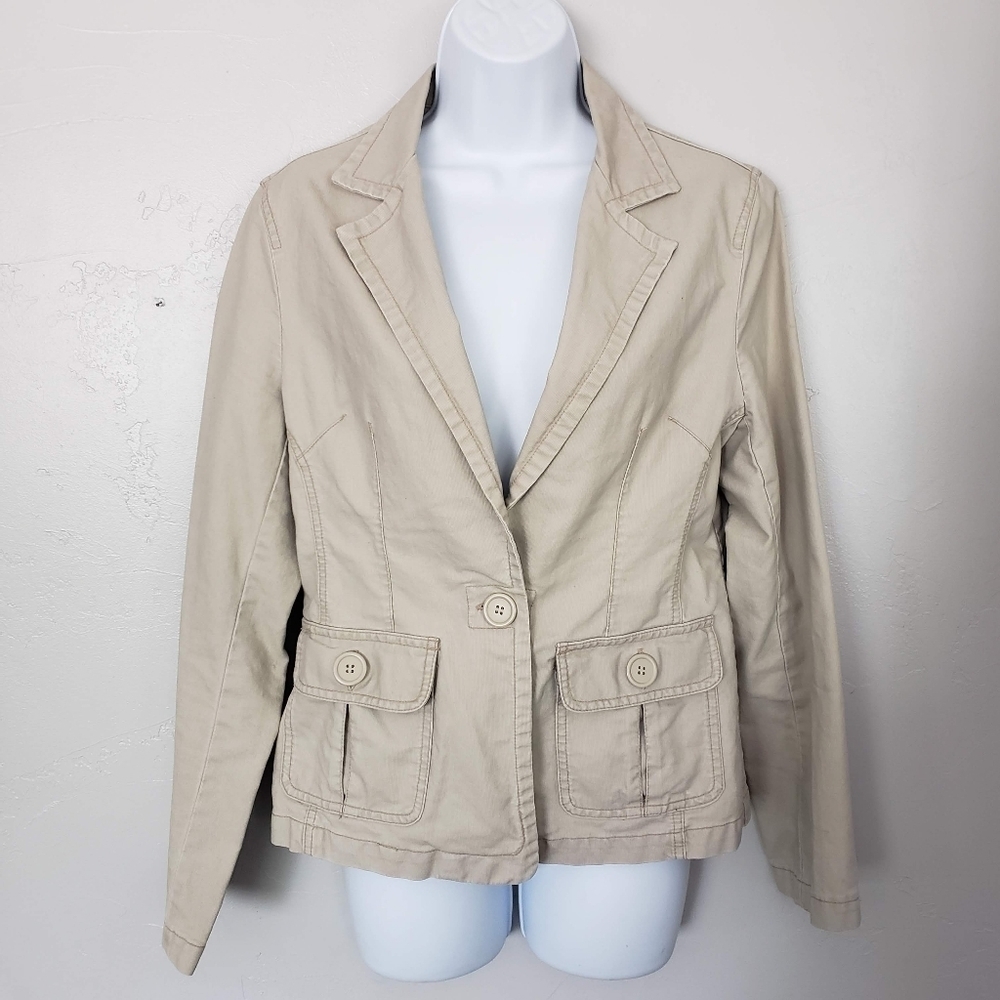 Maurices Vintage Medium Beige Denim Blazer Jacket One Button Business Casual Y2K